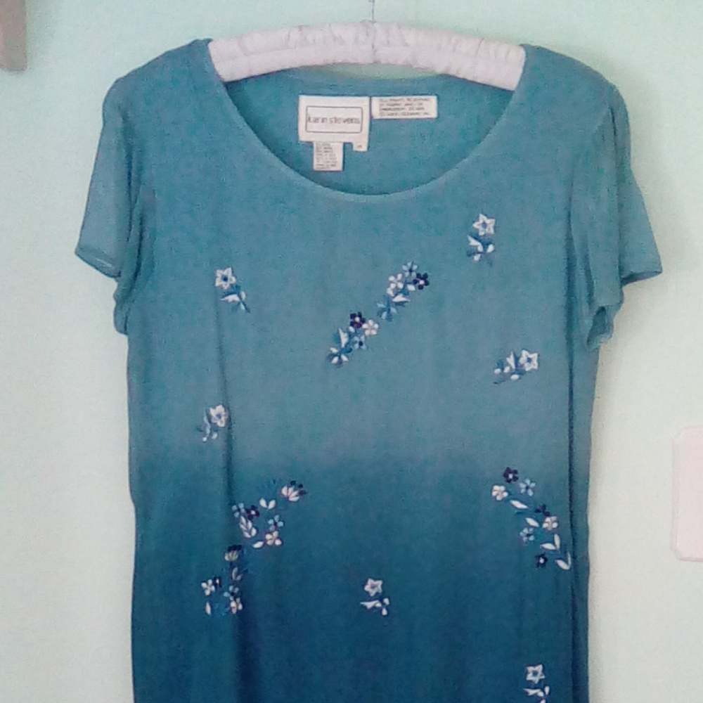 Blue Ombre Flowers Dress Short Sleeve